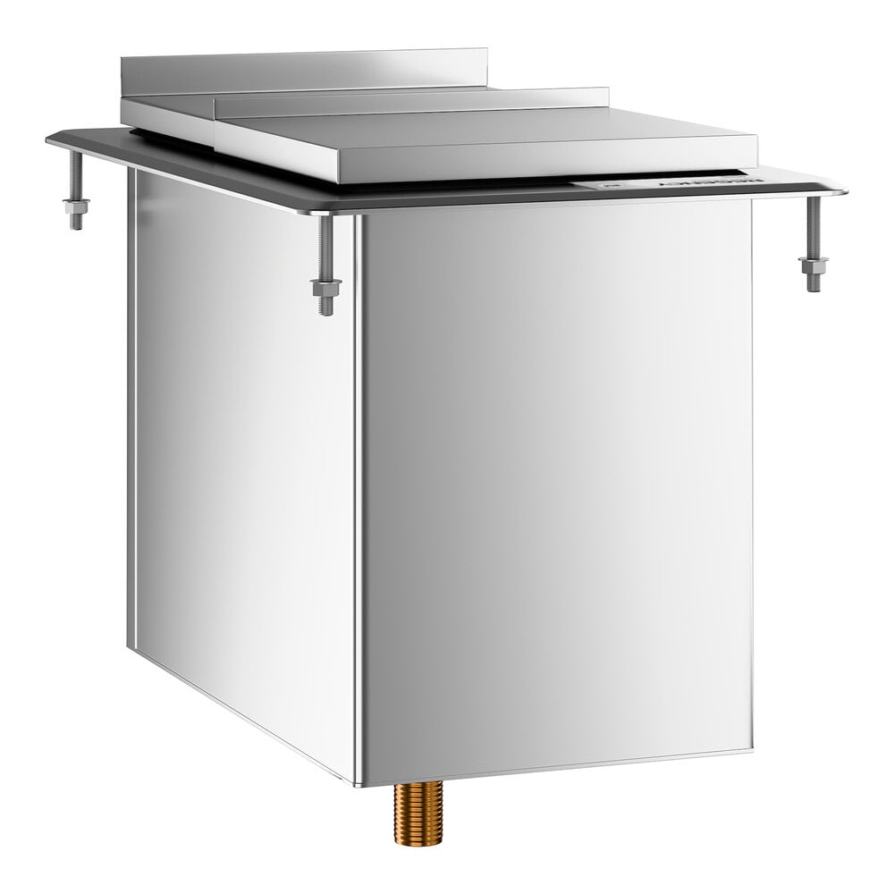A stainless steel rectangular drop-in ice bin with a sliding lid and mounting hardware visible on the sides.