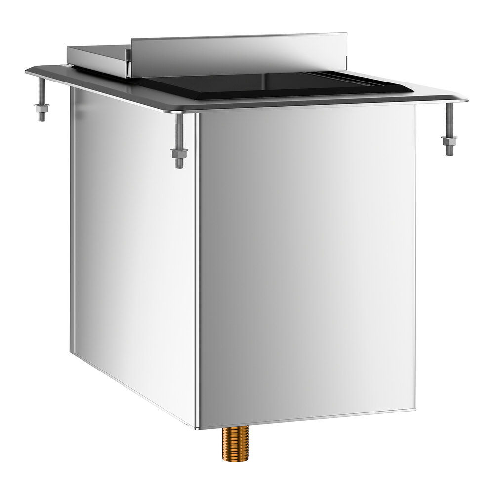 A stainless steel drop-in ice bin with a sliding lid and mounting hardware visible on the sides.