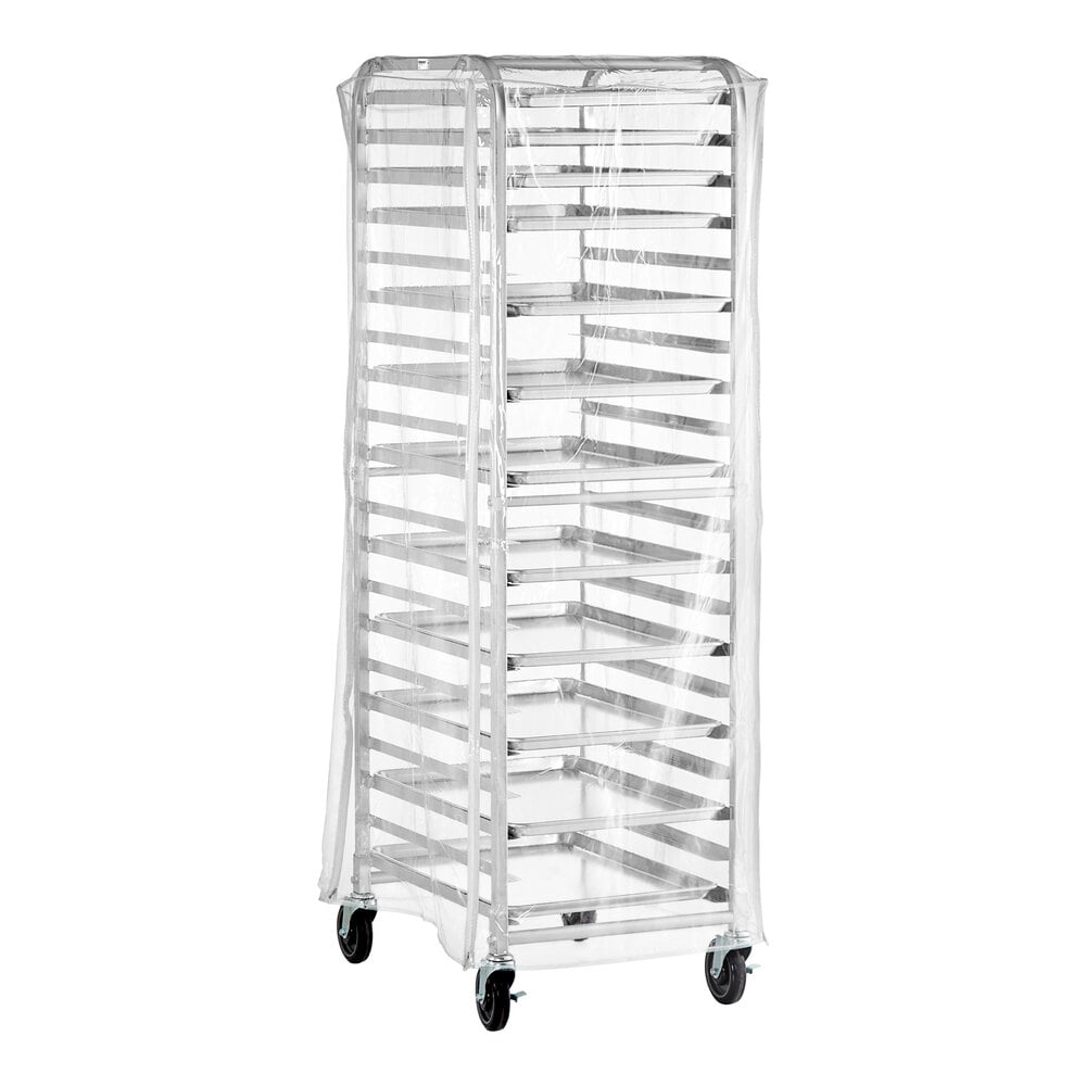 A full height bun and sheet pan rack with a clear protective cover and multiple shelves, equipped with wheels for mobility.