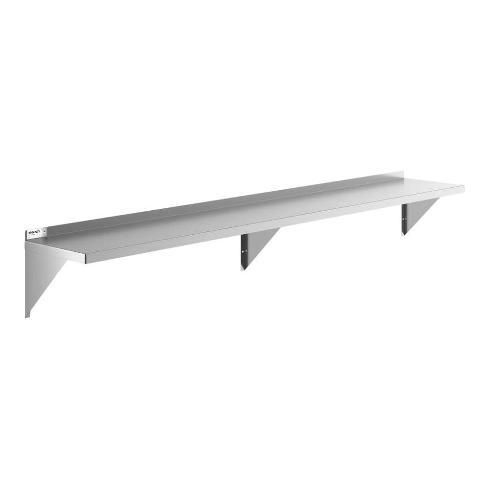 A long, heavy-duty stainless steel wall shelf with three support brackets.