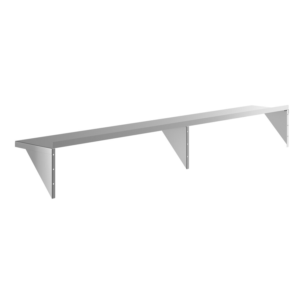 A long, heavy-duty stainless steel wall shelf with three supporting brackets.