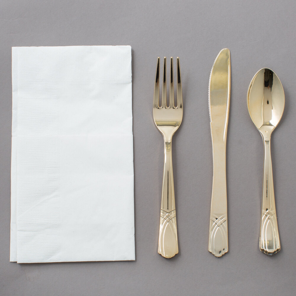 Visions Gold Heavy Weight Plastic Cutlery Set with White LinenFeel