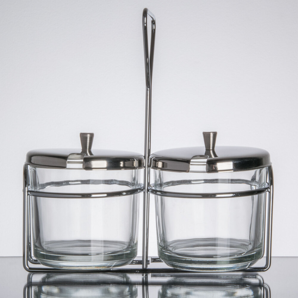 Thunder Group 2 Compartment Wire Condiment Caddy with 7 oz. Glass Jars