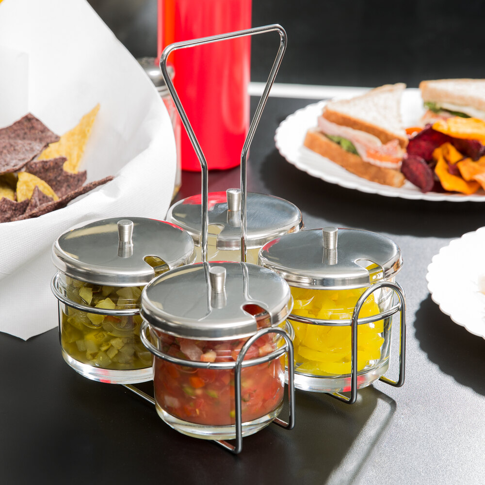 4 Compartment Wire Condiment Caddy with 7 oz. Glass Jars and Stainless
