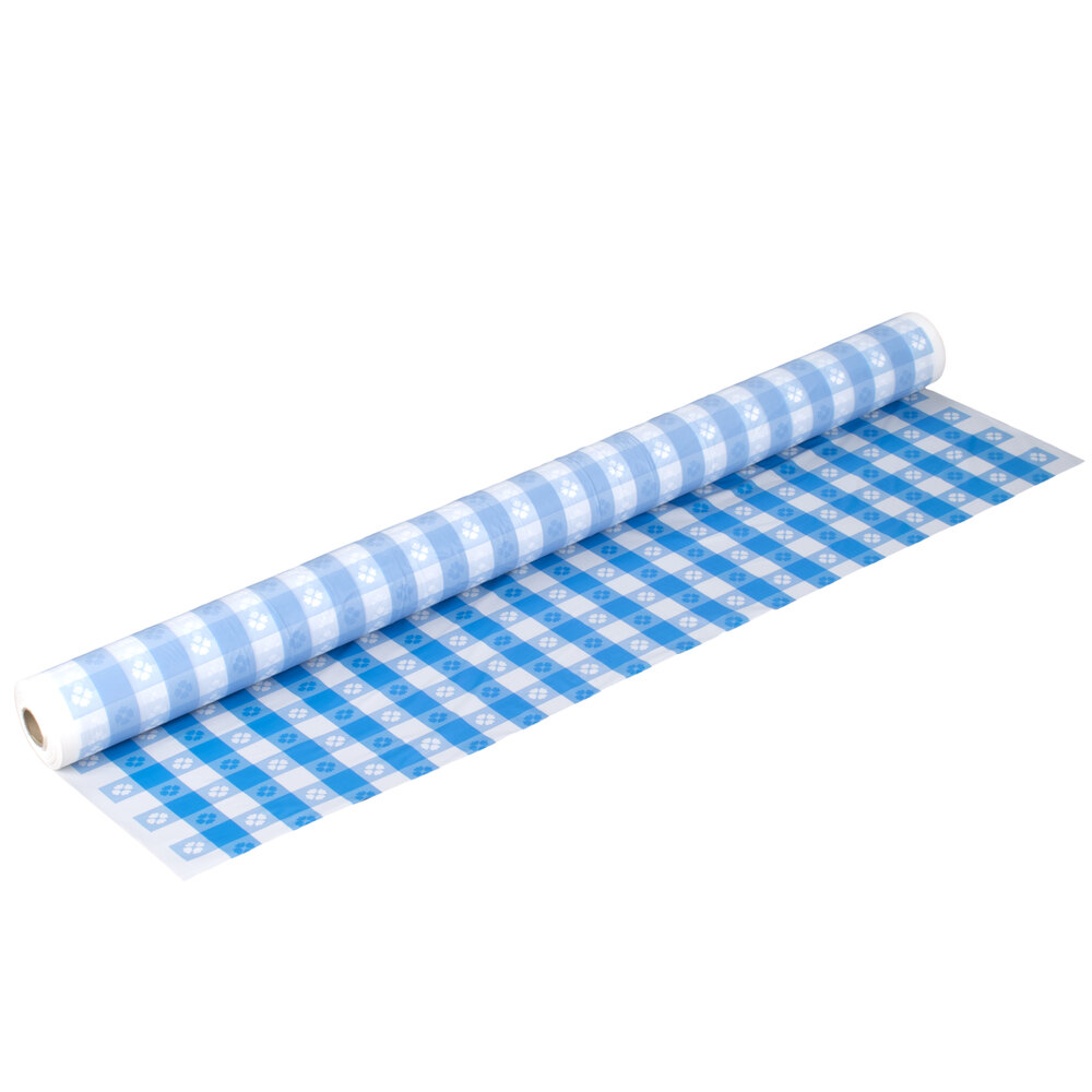 Atlantis Plastics 1503986 300' Blue Gingham Plastic Table Cover