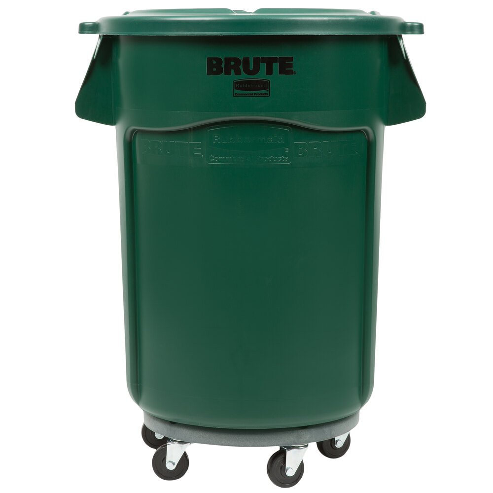 Rubbermaid BRUTE 44 Gallon Green Round Trash Can with Lid and Dolly