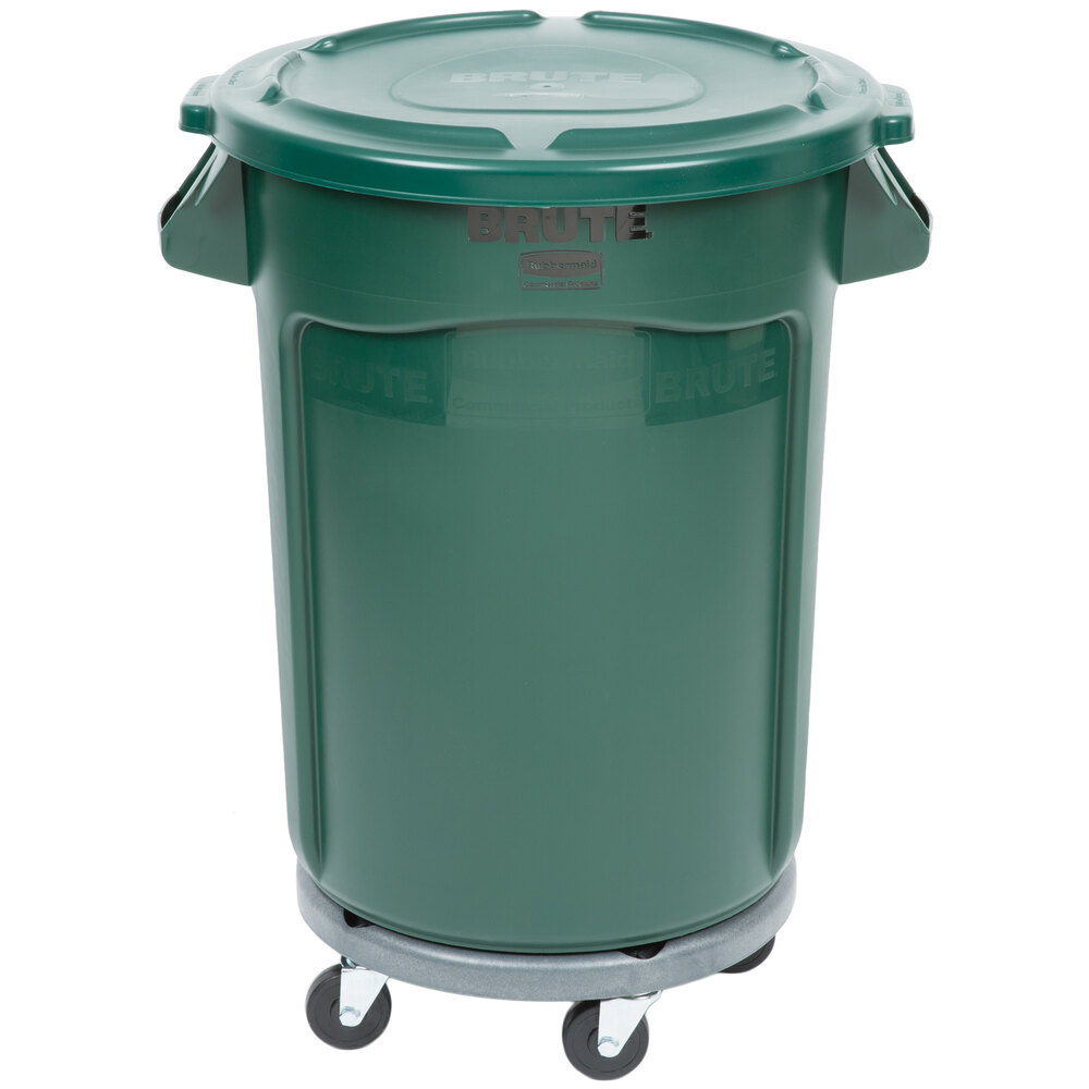 Rubbermaid BRUTE 32 Gallon Green Round Trash Can with Lid and Dolly