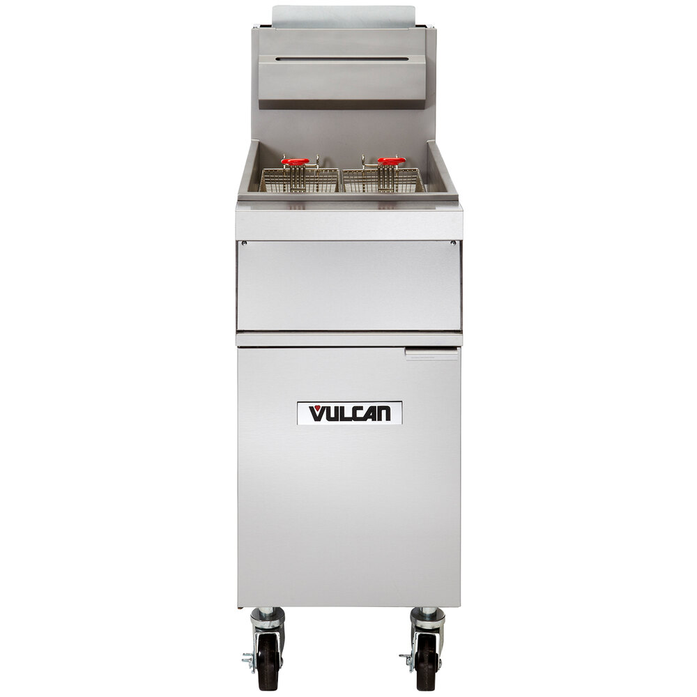 Vulcan 1GR85M stainless steel floor fryer with two fry baskets on casters, front view