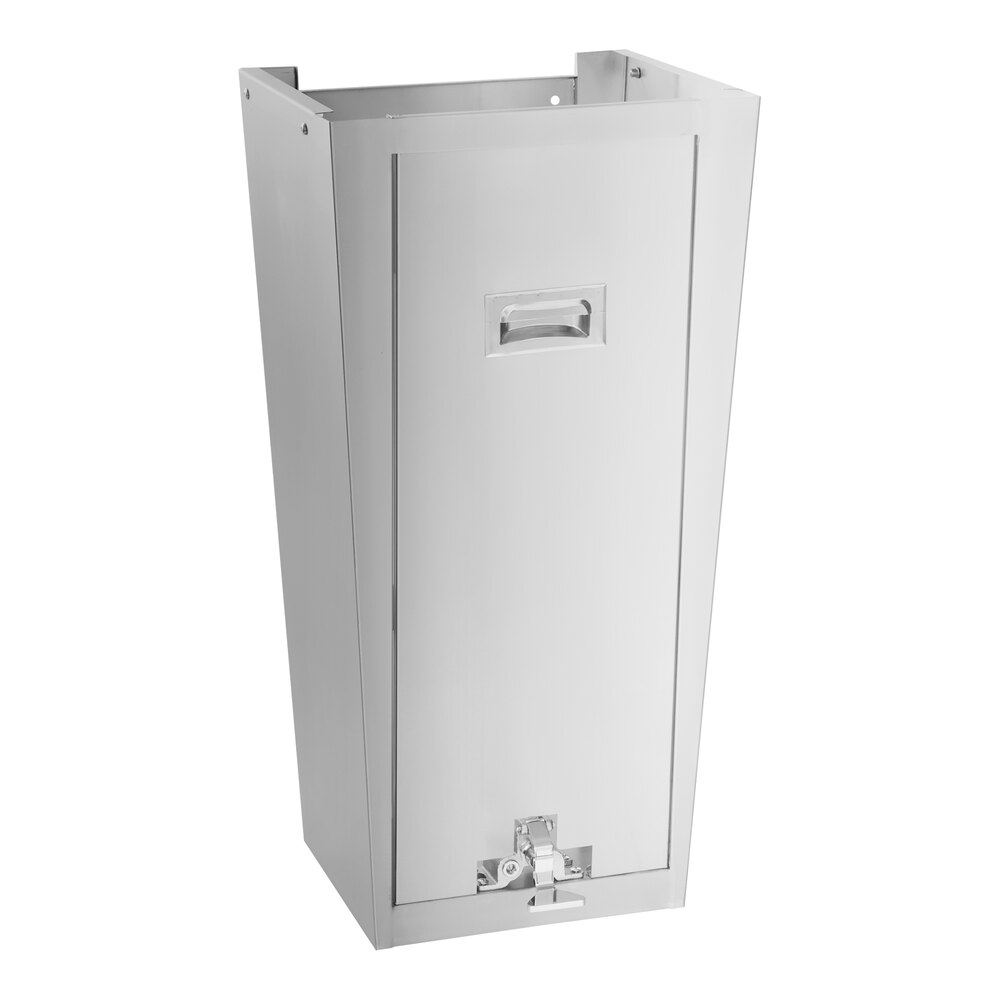 A tall, rectangular, stainless steel pedestal base with a front access panel and a handle near the top.