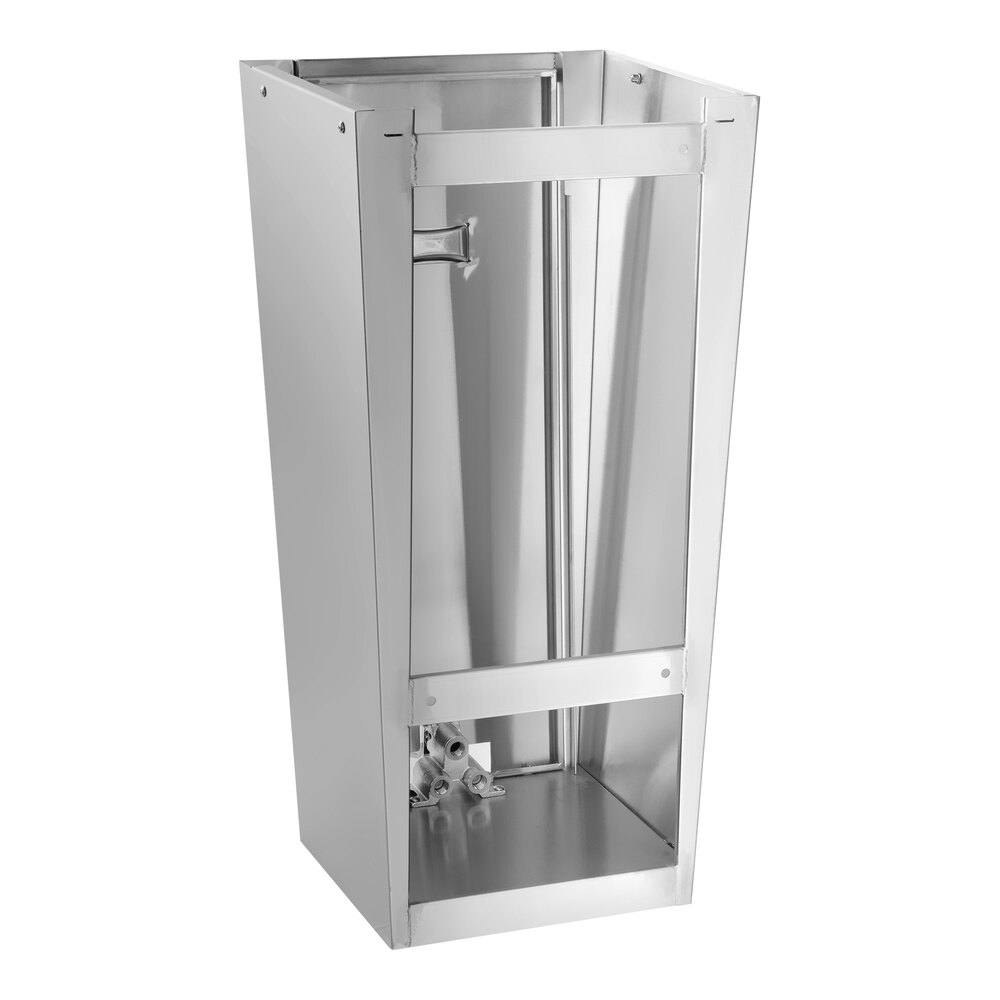 A stainless steel pedestal base with an open front and a rectangular, tapered design.