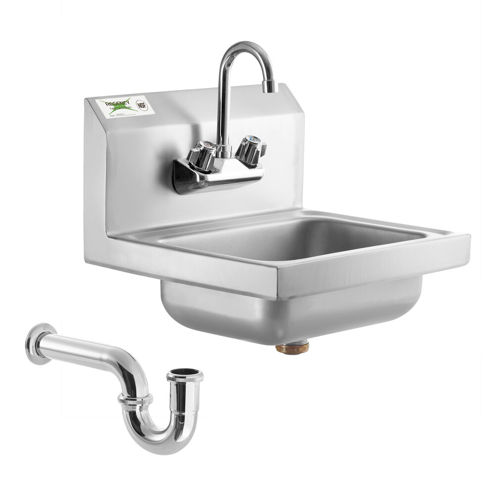 Regency 17 inch x 15 inch Wall Mounted Hand Sink with 8 inch Gooseneck Faucet and P-Trap
