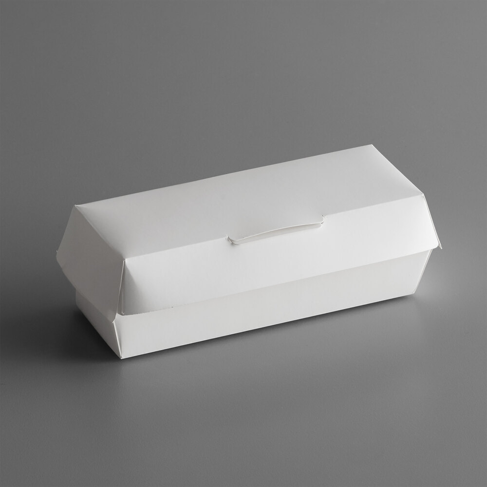 6 1/8" x 2 1/8" x 2 1/4" White Paper Hot Dog Clamshell Container 125/Pack