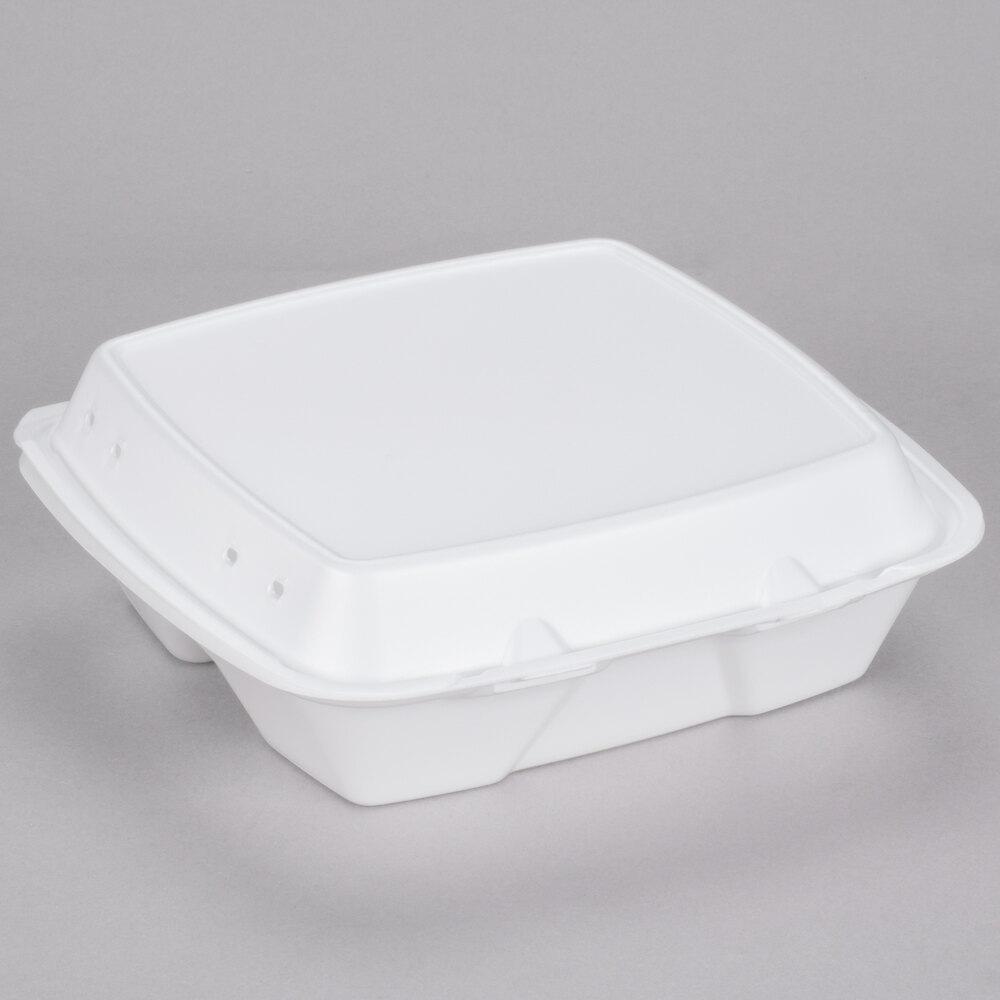 D&W FHC9-3-200 Enviroware 9 in. Three-Compartment White Foam Hinged To-Go  Container 