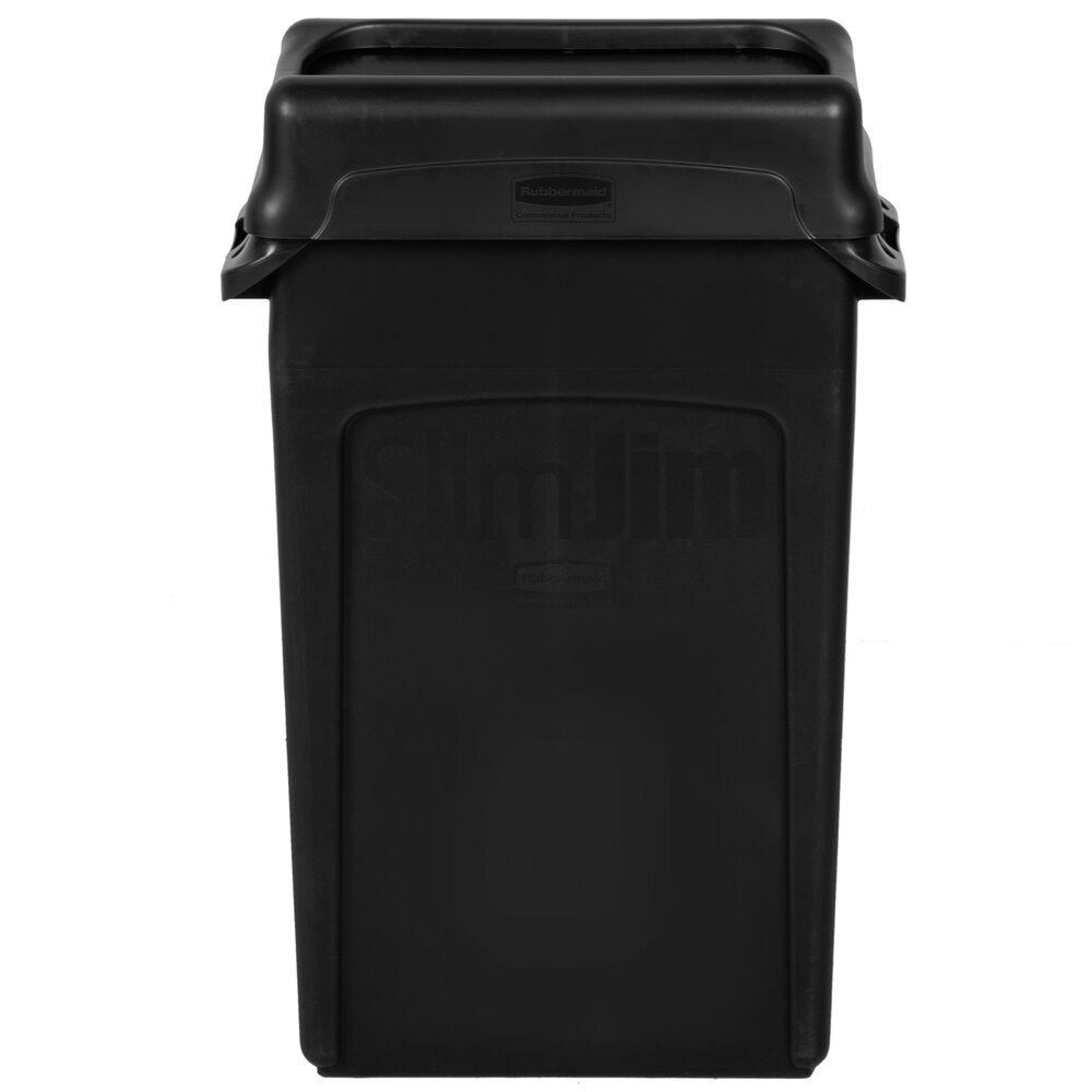 Rubbermaid Slim Jim 92 Qt. / 23 Gallon Black Rectangular Trash Can with Black Drop Shot Lid
