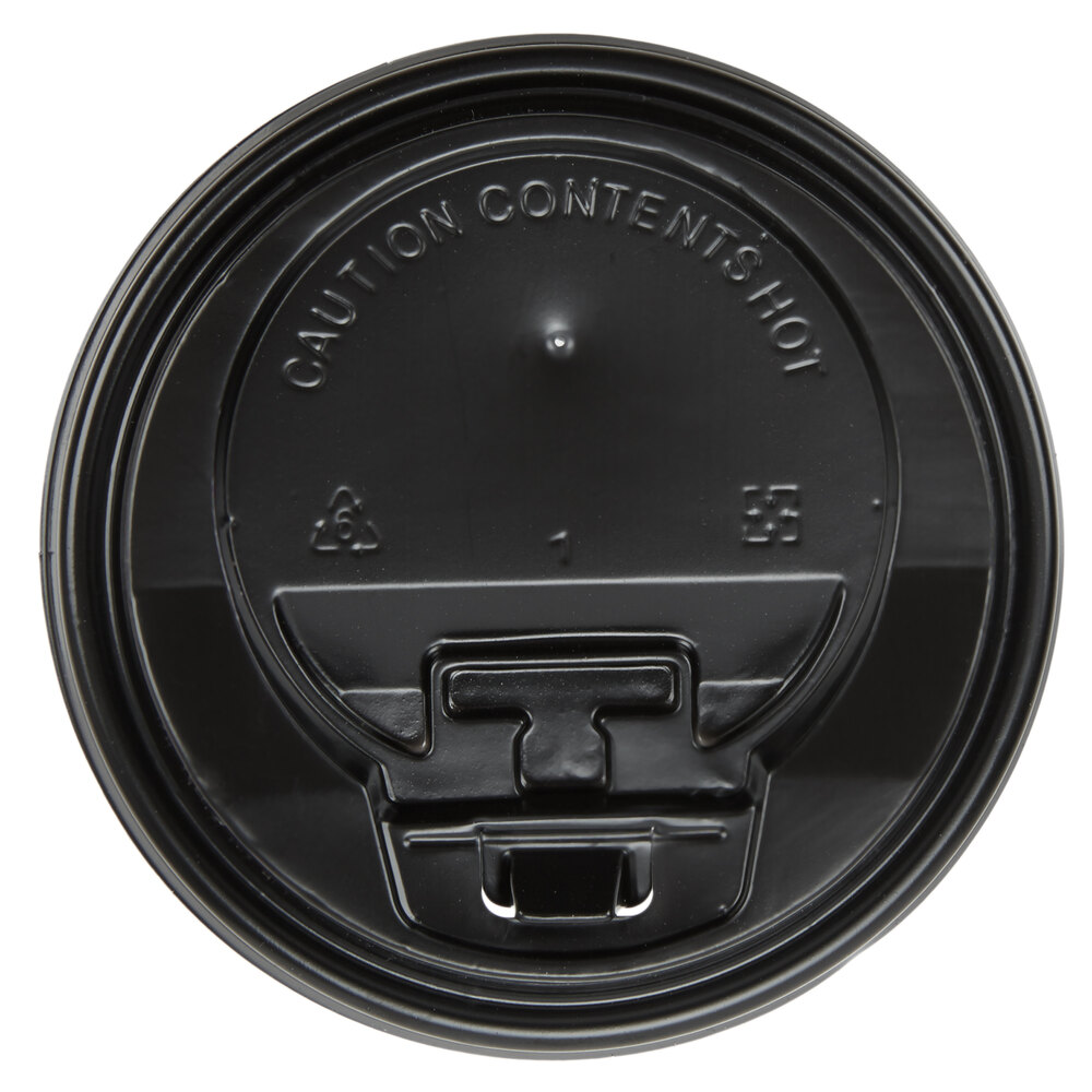 Choice Black Hot Paper Cup Travel Lid with Hinged Tab for 1024 oz
