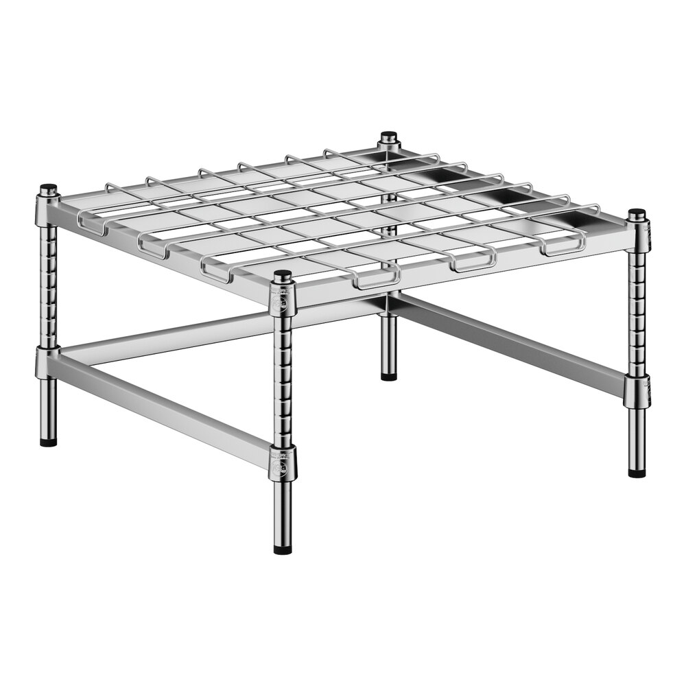 A Regency chrome metal dunnage rack with metal legs.