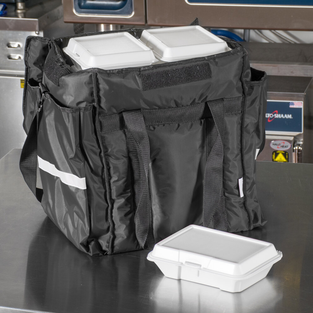Foam take-out containers in a nylon insulated food delivery bag