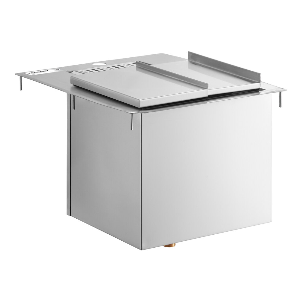 A stainless steel box-shaped unit with a flat top, raised edges, and a sliding cover, likely designed for use as a water station or ice bin.