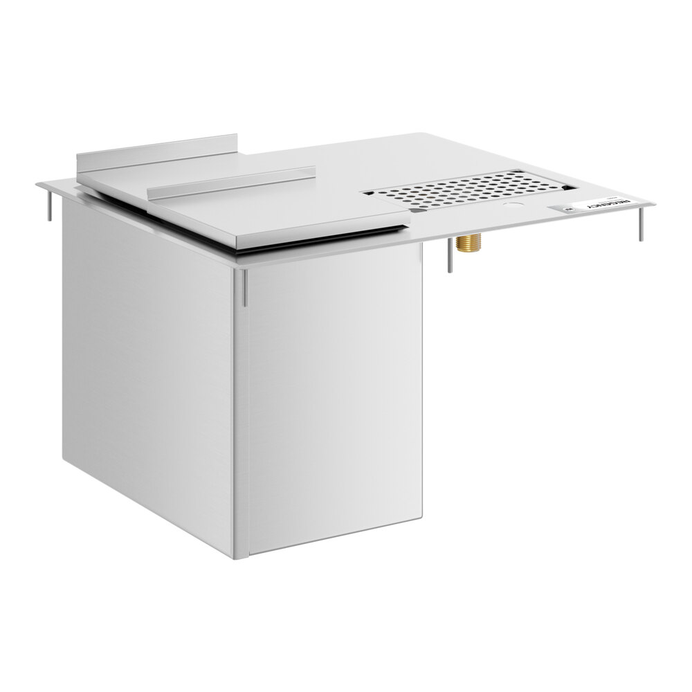 A stainless steel water station with an ice bin, featuring a flat top surface, a perforated section, and a covered compartment.