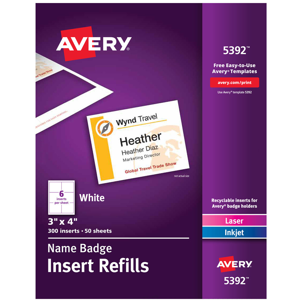 Avery® 5392 3" x 4" White Badge Holder Laser / Inkjet Insert Refills