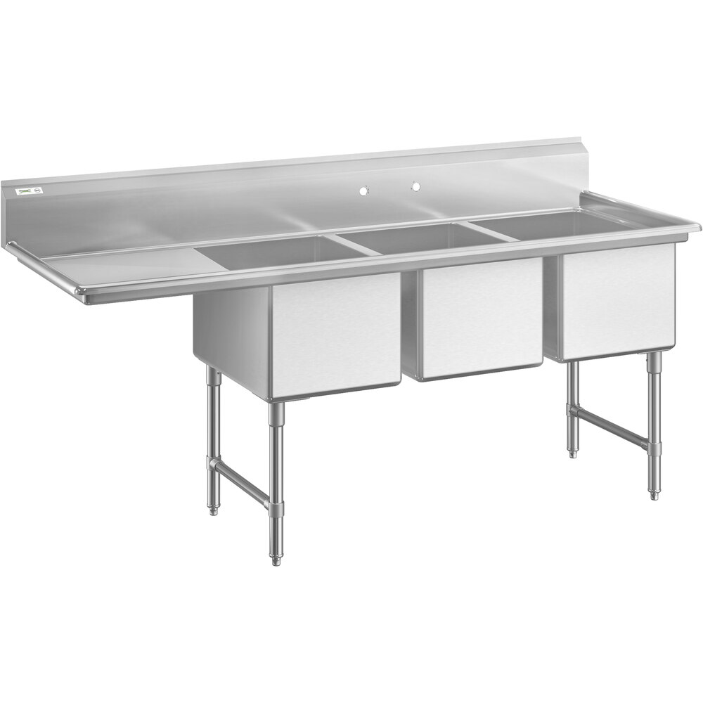 Regency 84 1/2 inch 16-Gauge Stainless Steel Three Compartment Commercial Sink with 1 Drainboard - 18 inch x 24 inch x 14 inch Bowls - Left Drainboard