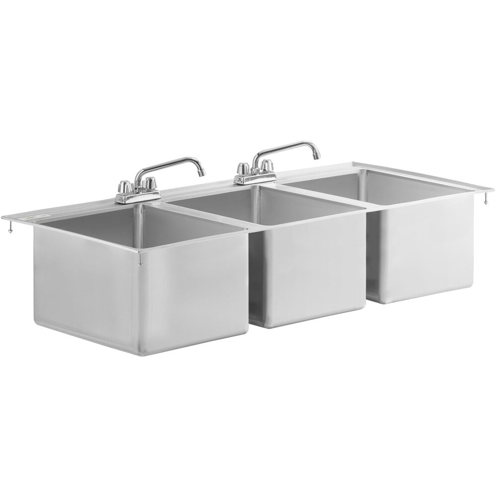 Regency 16 inch x 20 inch x 12 inch 16-Gauge Stainless Steel Three Compartment Drop-In Sink with (2) 8 inch Faucets