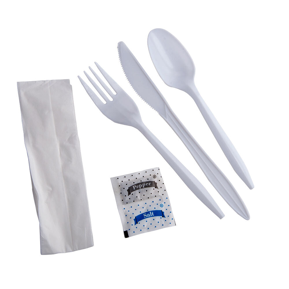 Choice Individually Wrapped Medium Weight White Plastic Cutlery Pack with Napkin and Salt and
