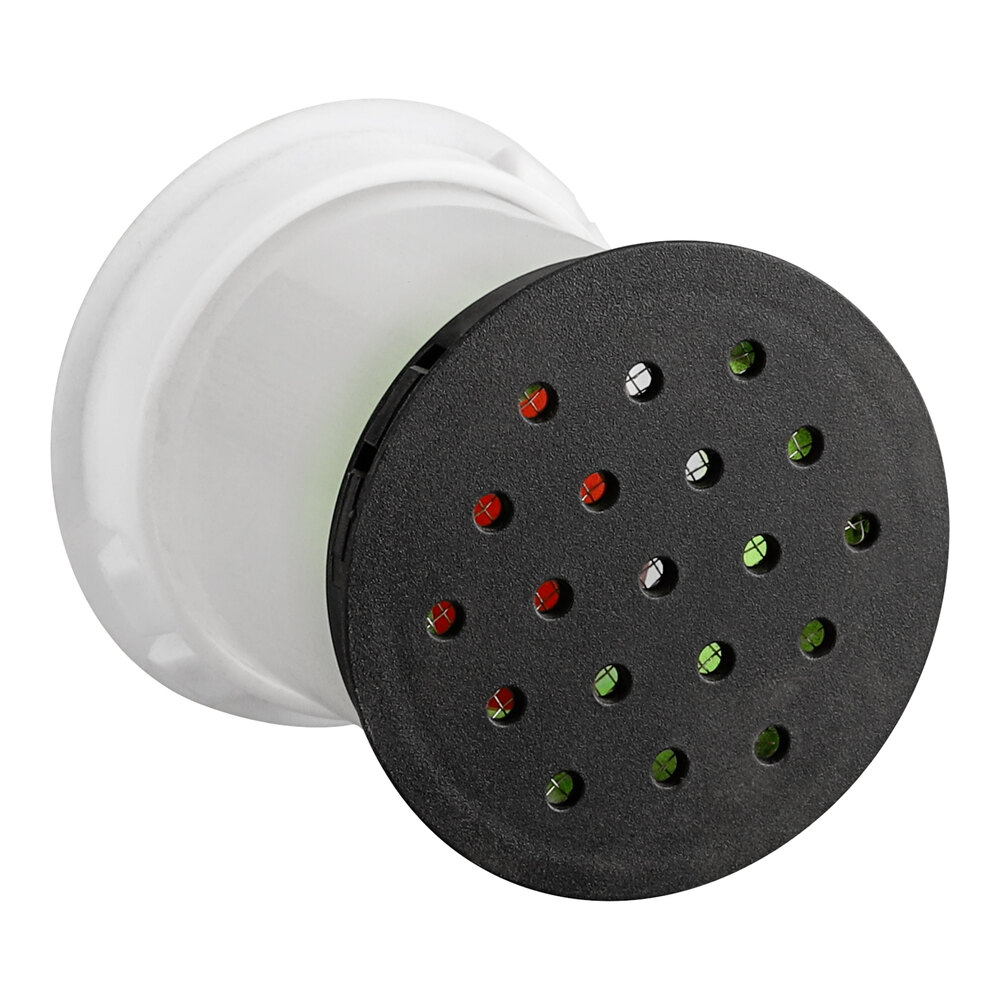 A vacuum breaker replacement part with a black perforated cap and white base, designed for Avantco refrigeration units.
