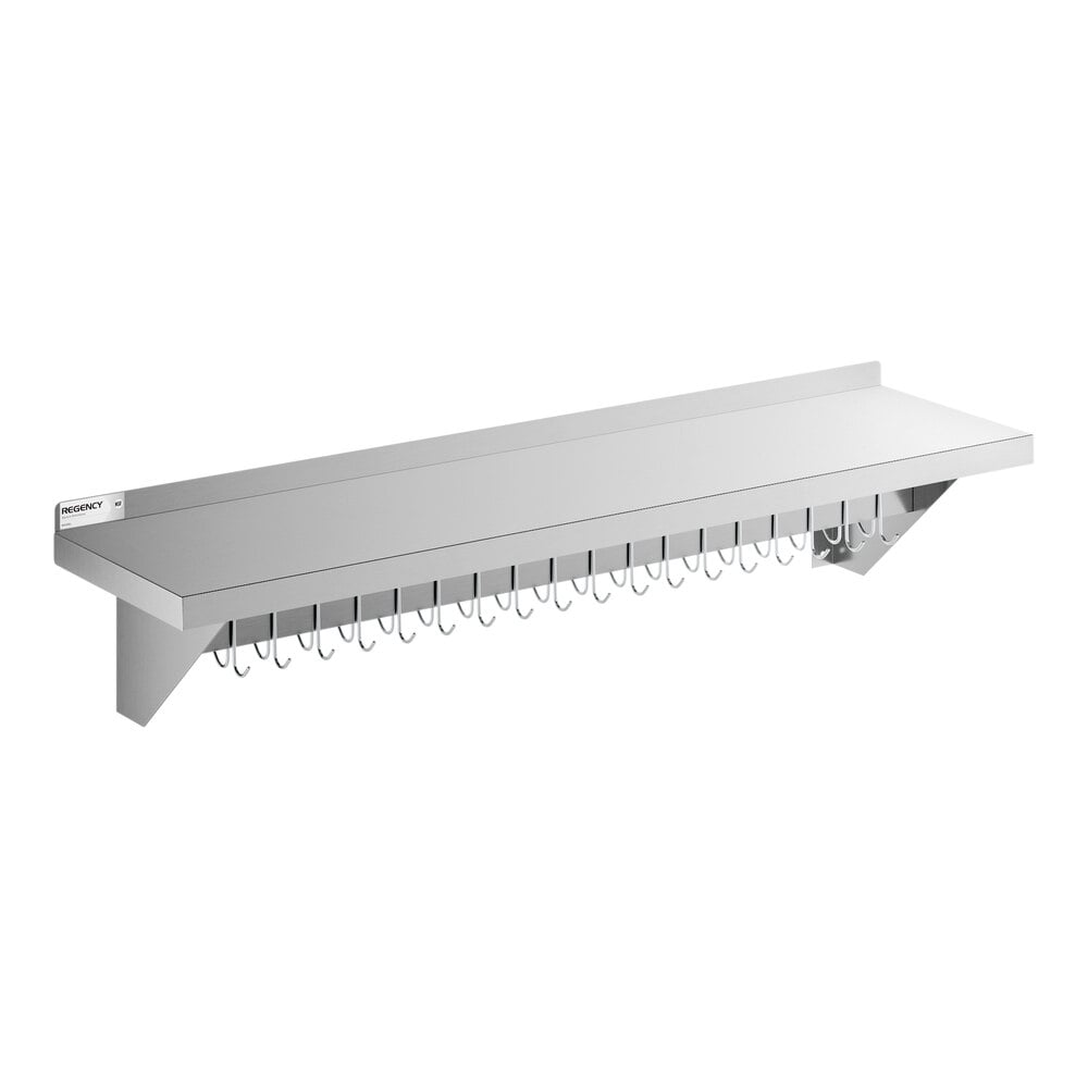 Regency 12" x 48" NSF Stainless Steel Wall-Mounted Pot Rack with Shelf and 18 Galvanized Hooks