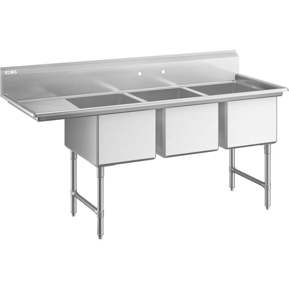 Regency 78 1/2 inch 16-Gauge Stainless Steel Three Compartment Commercial Sink with 1 Drainboard - 18 inch x 24 inch x 14 inch Bowls - Left Drainboard