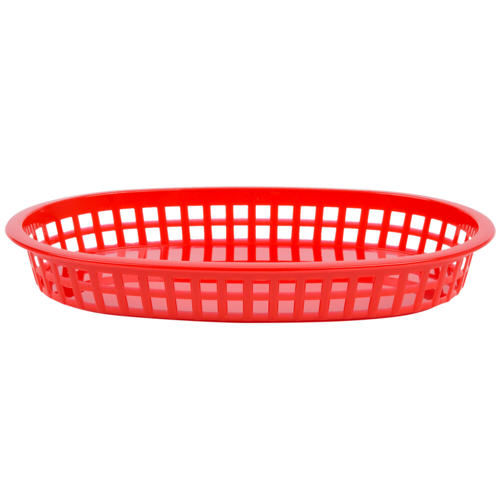 10 3/4" x 7" x 1 1/2" Red Oval Plastic Fast Food Basket 12/Pack