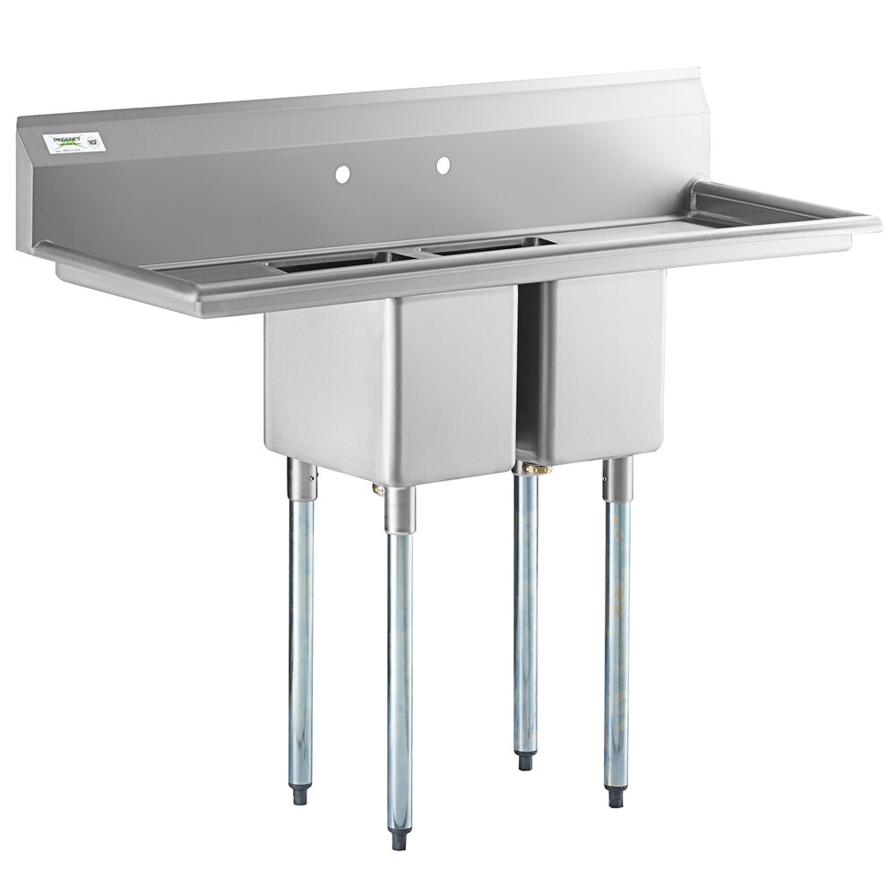 Regency 54 inch 16-Gauge Stainless Steel Two Compartment Commercial Sink with Galvanized Steel Legs and Two Drainboards - 10 inch x 14 inch x 12 inch Bowls