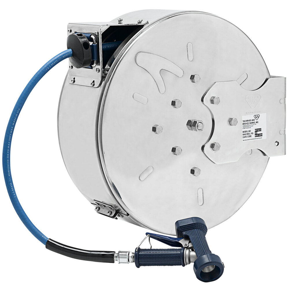 T&S B-7142-C02 50' Enclosed Stainless Steel Hose Reel with Rear Trigger ...