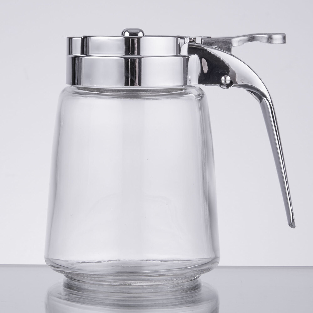 Tablecraft 1370CP 8 oz. Modern Glass Syrup Dispenser with Chrome Plated