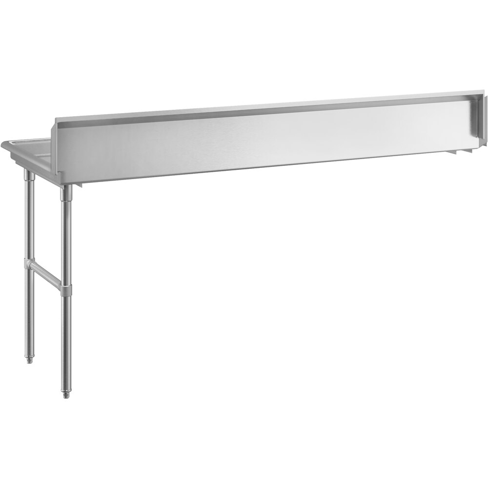 A Regency stainless steel dish table with a metal drainboard and legs.