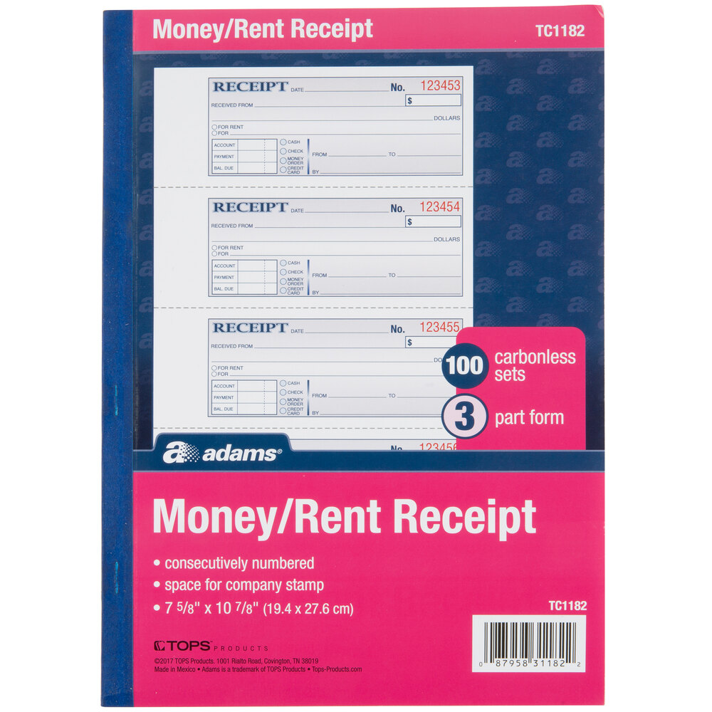 Adams TC1182 3Part Carbonless Rent Receipt Book with 100 Receipts