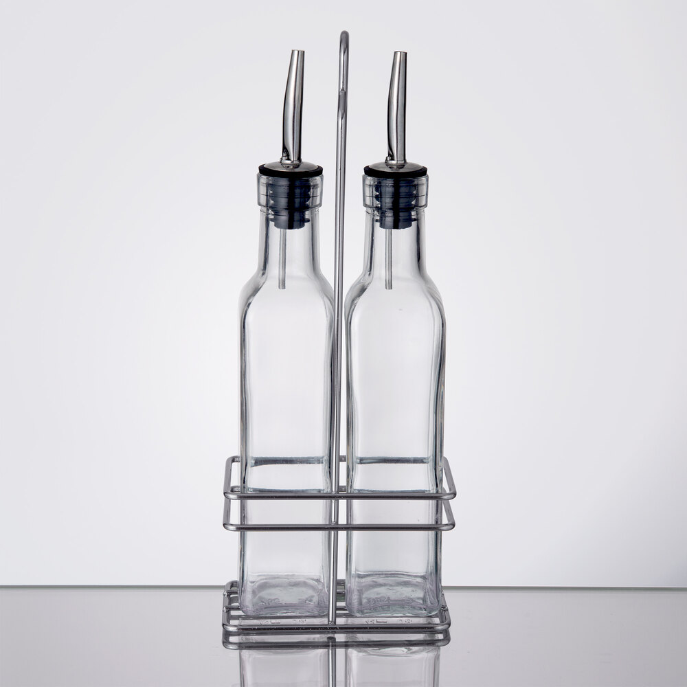 Choice 8.5 oz. 3 Piece Oil & Vinegar Cruet Set with Rack