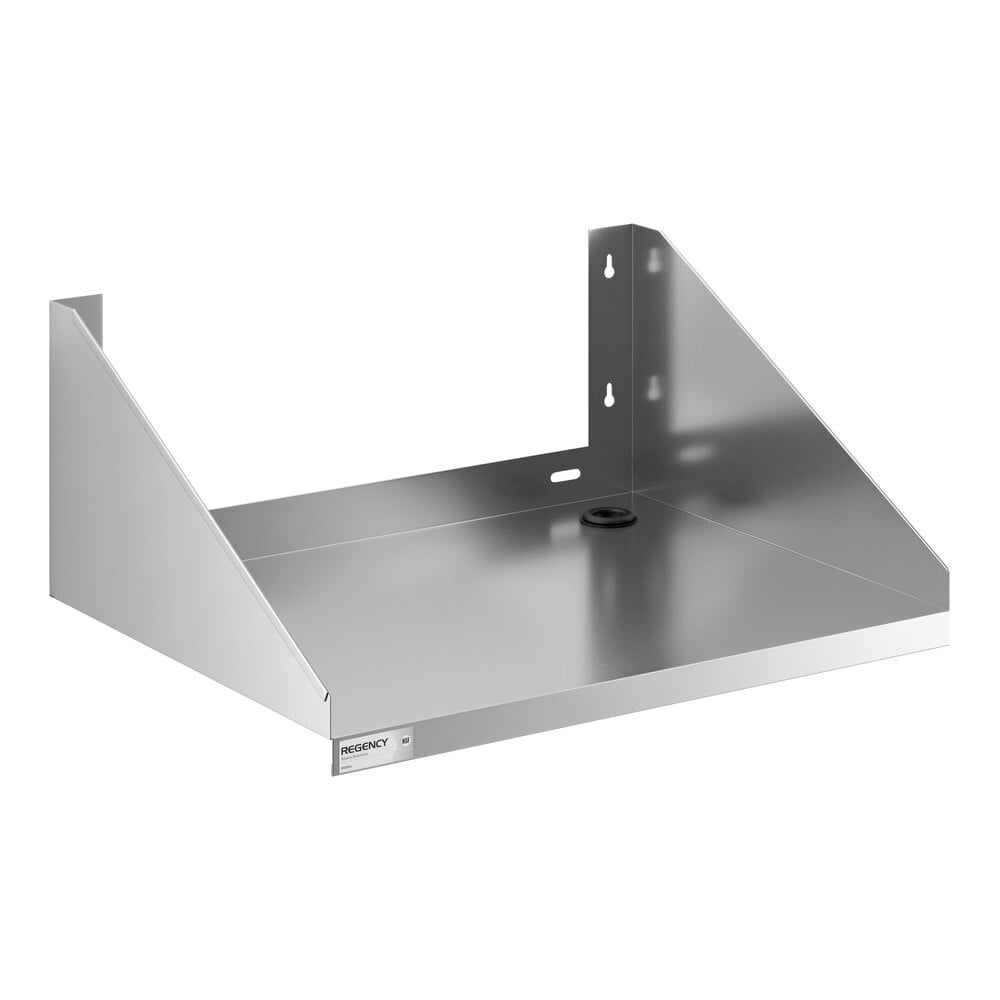 A stainless steel microwave shelf with side and back supports designed for wall mounting.