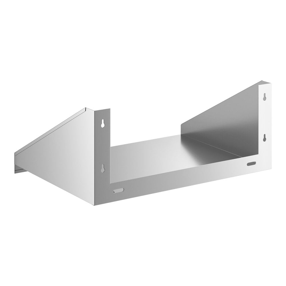 A stainless steel microwave shelf with side supports and wall-mounting slots.