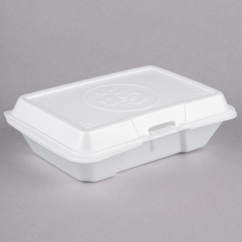 Dart 206HT1PR 9" x 6" x 3" White Foam Shallow Rectangular Take Out Container with Hinged Lid and