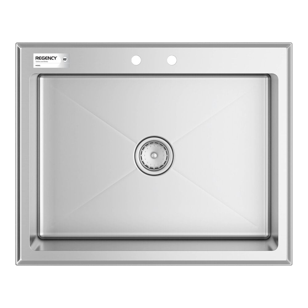 A rectangular stainless steel sink with a single basin, two faucet holes, and a central drain.