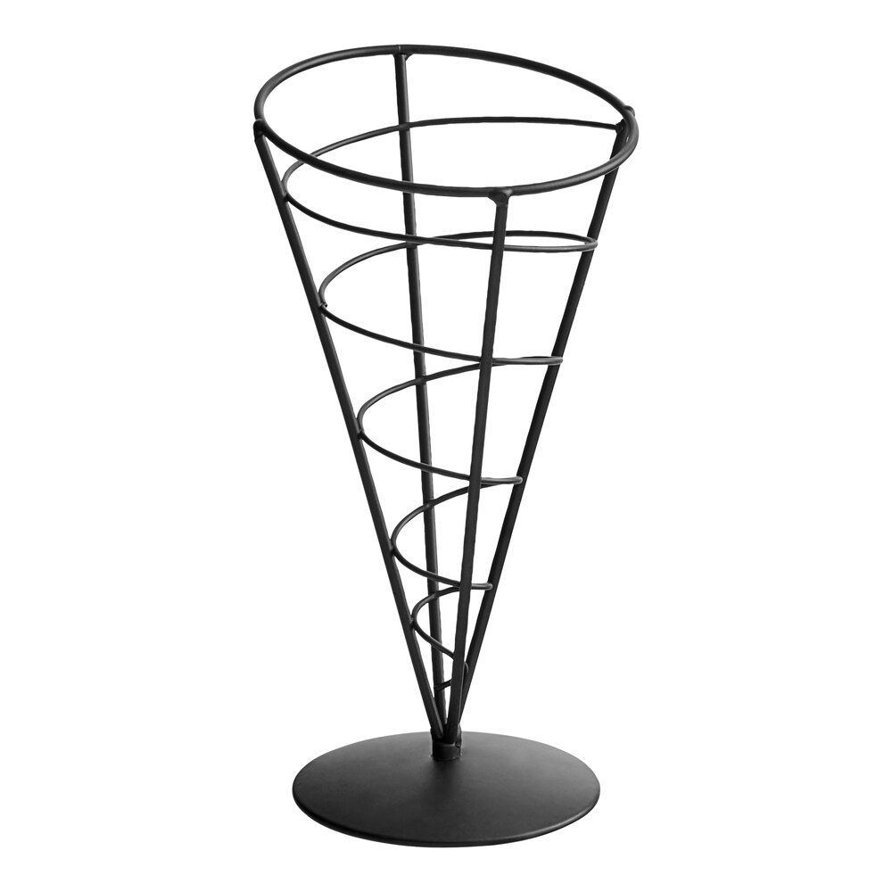 TableCraft AC59 Vertigo black powder-coated wire cone appetizer basket on white background
