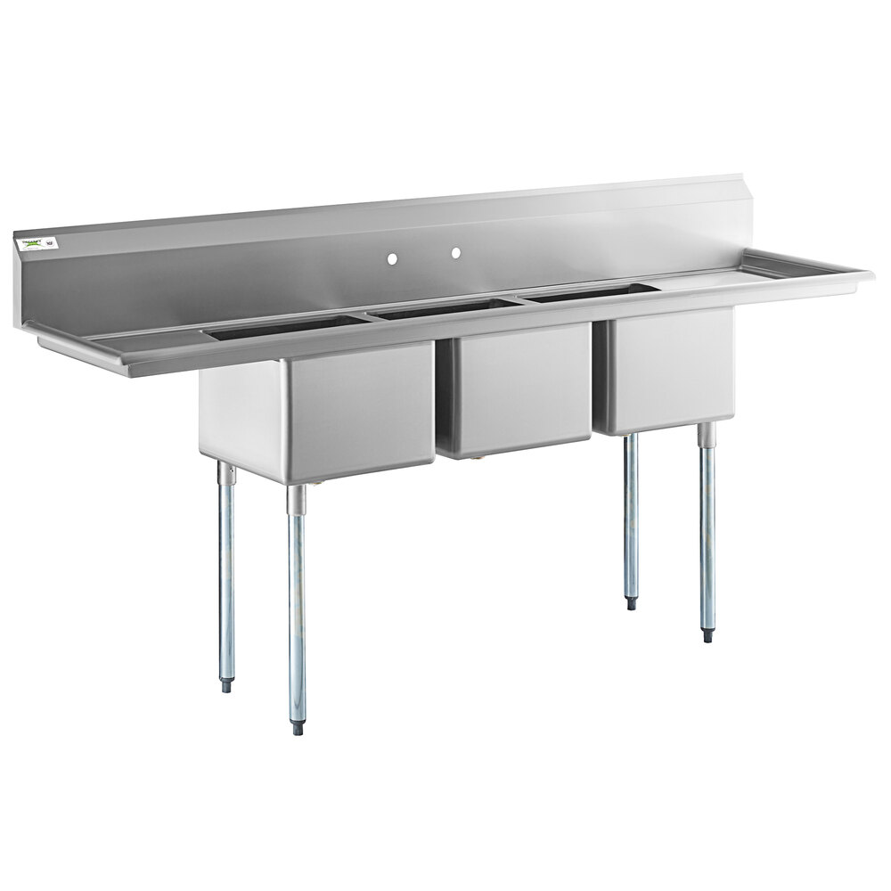 Regency 91 inch 16-Gauge Stainless Steel Three Compartment Commercial Sink with Galvanized Steel Legs and 2 Drainboards - 17 inch x 17 inch x 12 inch Bowls