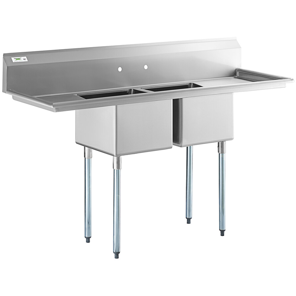 Regency 72 inch 16-Gauge Stainless Steel Two Compartment Commercial Sink with Galvanized Steel Legs and 2 Drainboards - 17 inch x 17 inch x 12 inch Bowls