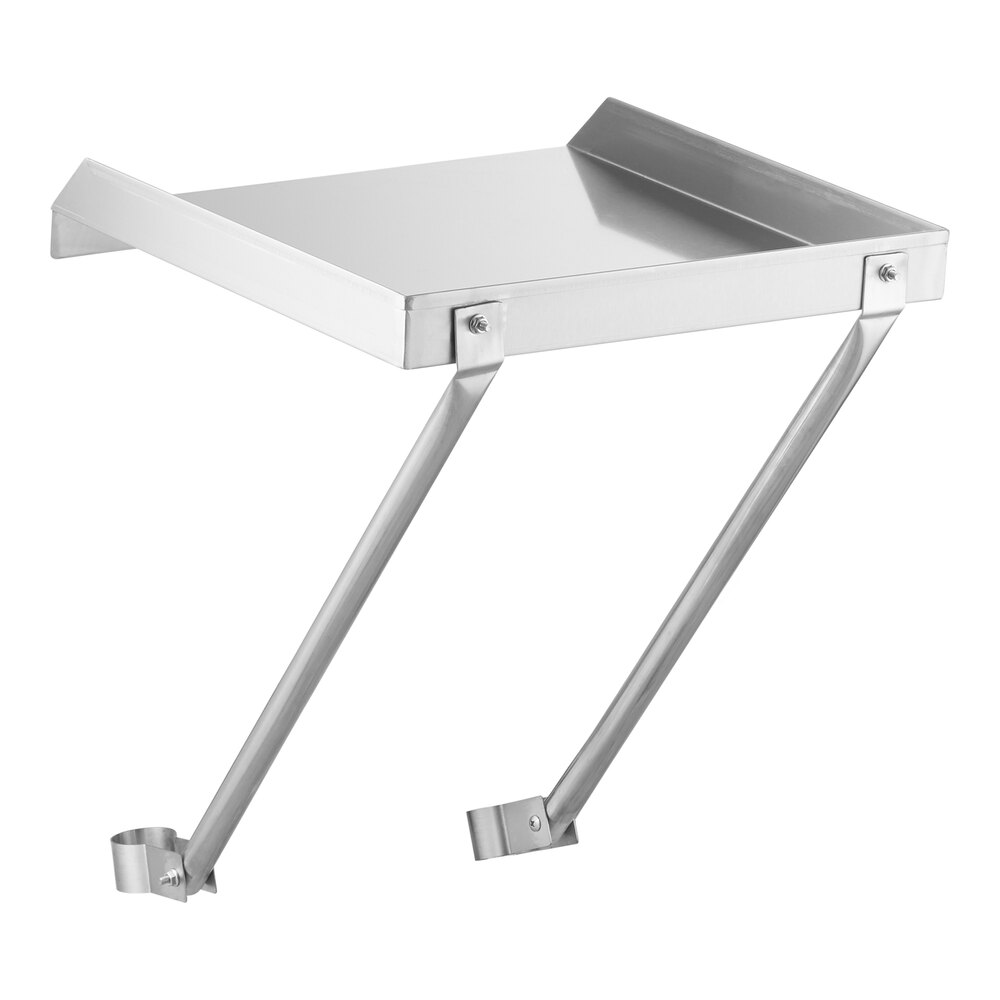 A metal drainboard with an angled surface and two supporting arms, designed to be attached to another structure.