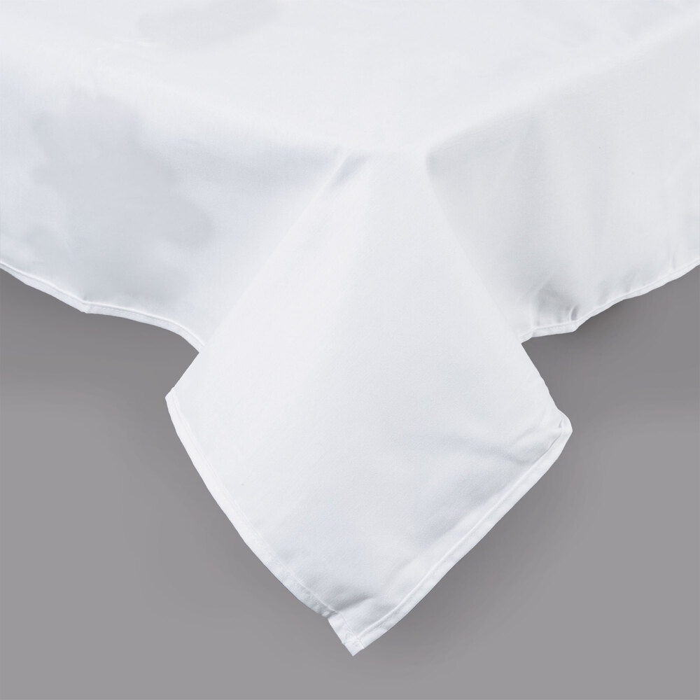 54" x 120" Rectangular White Hemmed Poly Cotton Tablecloth