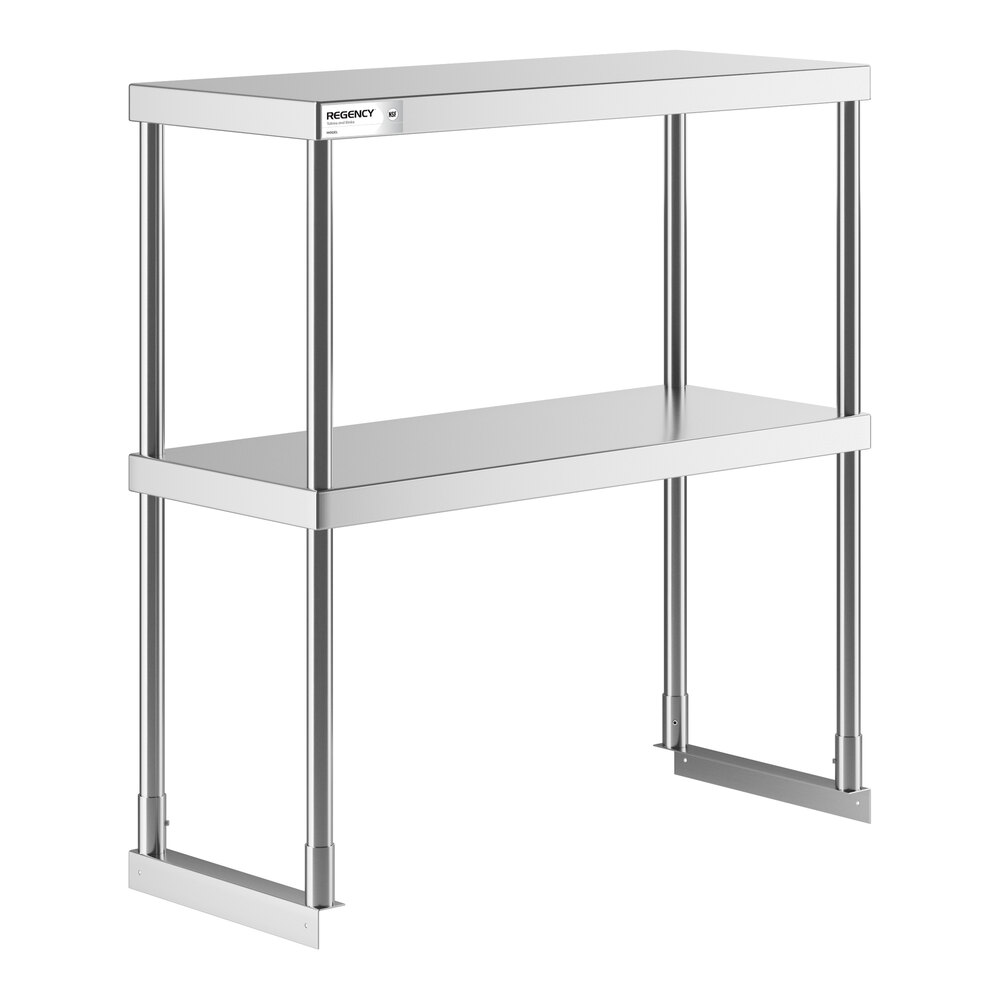 A metal double-deck overshelf with two flat shelves supported by four vertical poles.