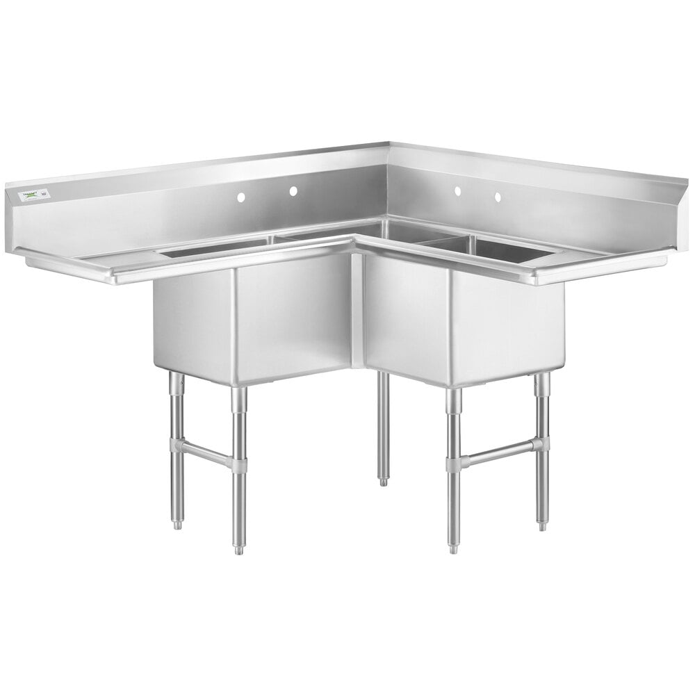 Regency 57 inch 16 Gauge Stainless Steel Three Compartment Commercial Corner Sink with 2 Drainboards - 18 inch x 18 inch x 14 inch Bowls