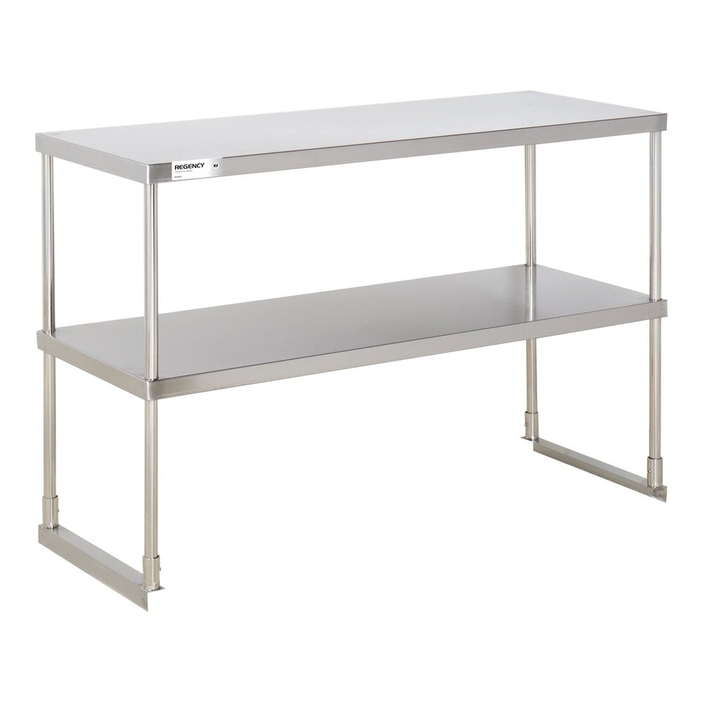 A two-tier stainless steel overshelf with four vertical supports and a rectangular design.