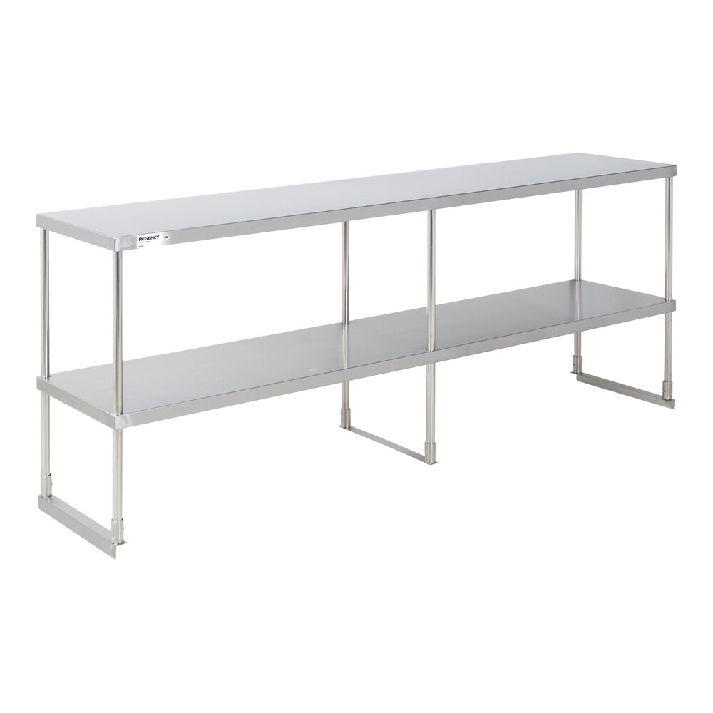 A long, two-tiered stainless steel overshelf with four vertical supports and an open design.